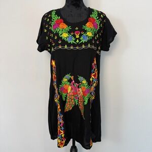 Durga Embroidered Floral Peacock Dress Womens M/L Black Folk Art to Wear Boho